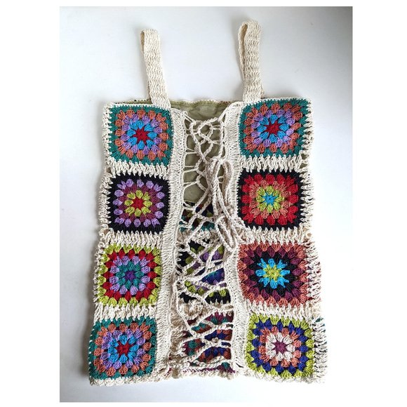 Jaxli Granny Square Crochet Multi Color Tank Top Lace Up Back, Lined Size Small - Picture 6 of 7